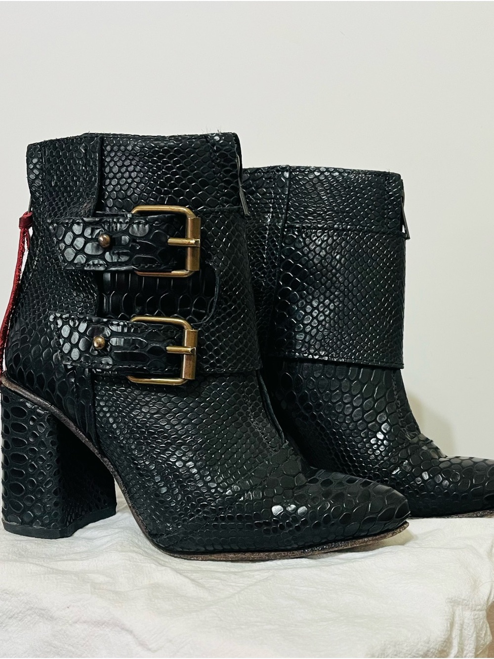 Freebird by Steven Black Faux-Snakeskin Double Buckle Ankle Booties